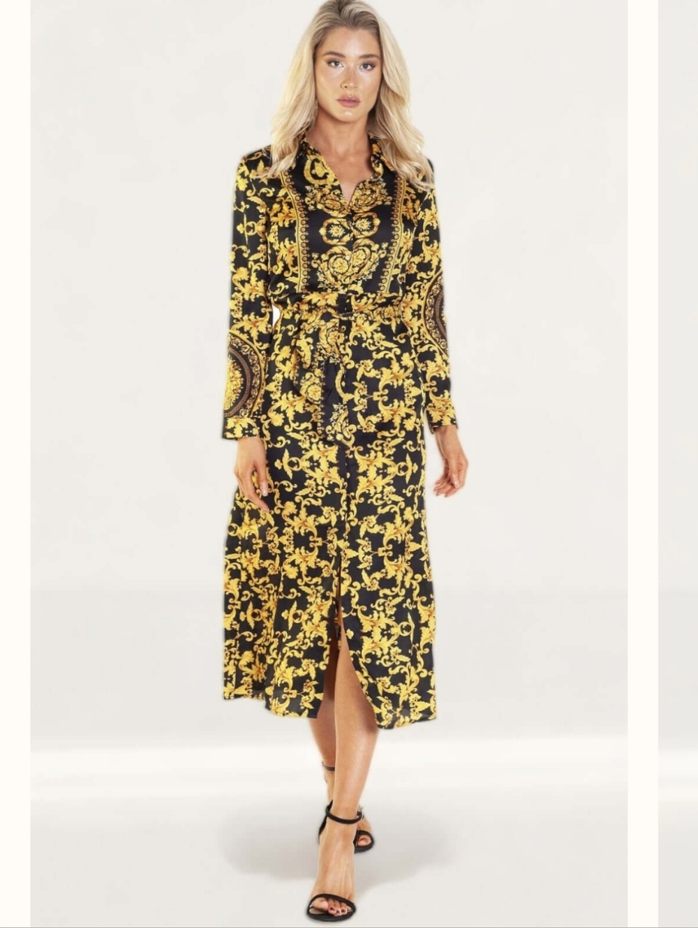 Bardot Bailey Shirt Dress Black & Gold Scarf Size 8